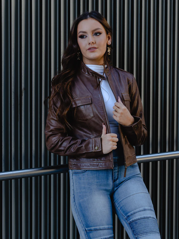 Woman wearing the Dark Brown Leather Jacket Womens