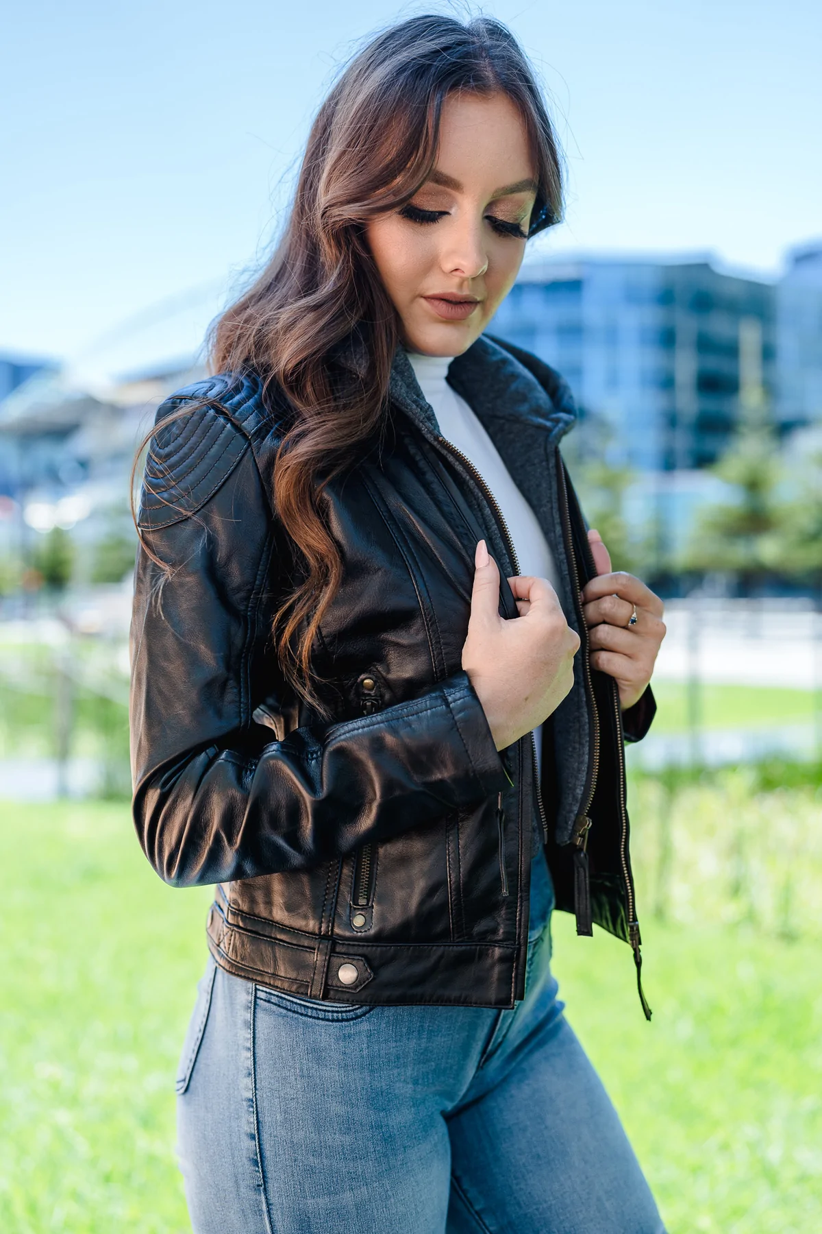 right side look of Black Hooded Leather Jacket Womens