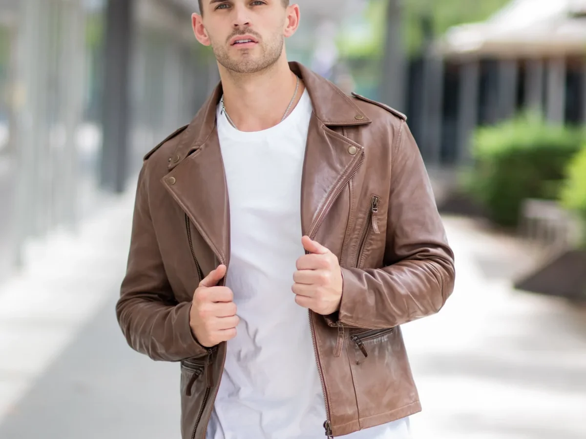 Mens Tan Brown Bomber Leather Jacket