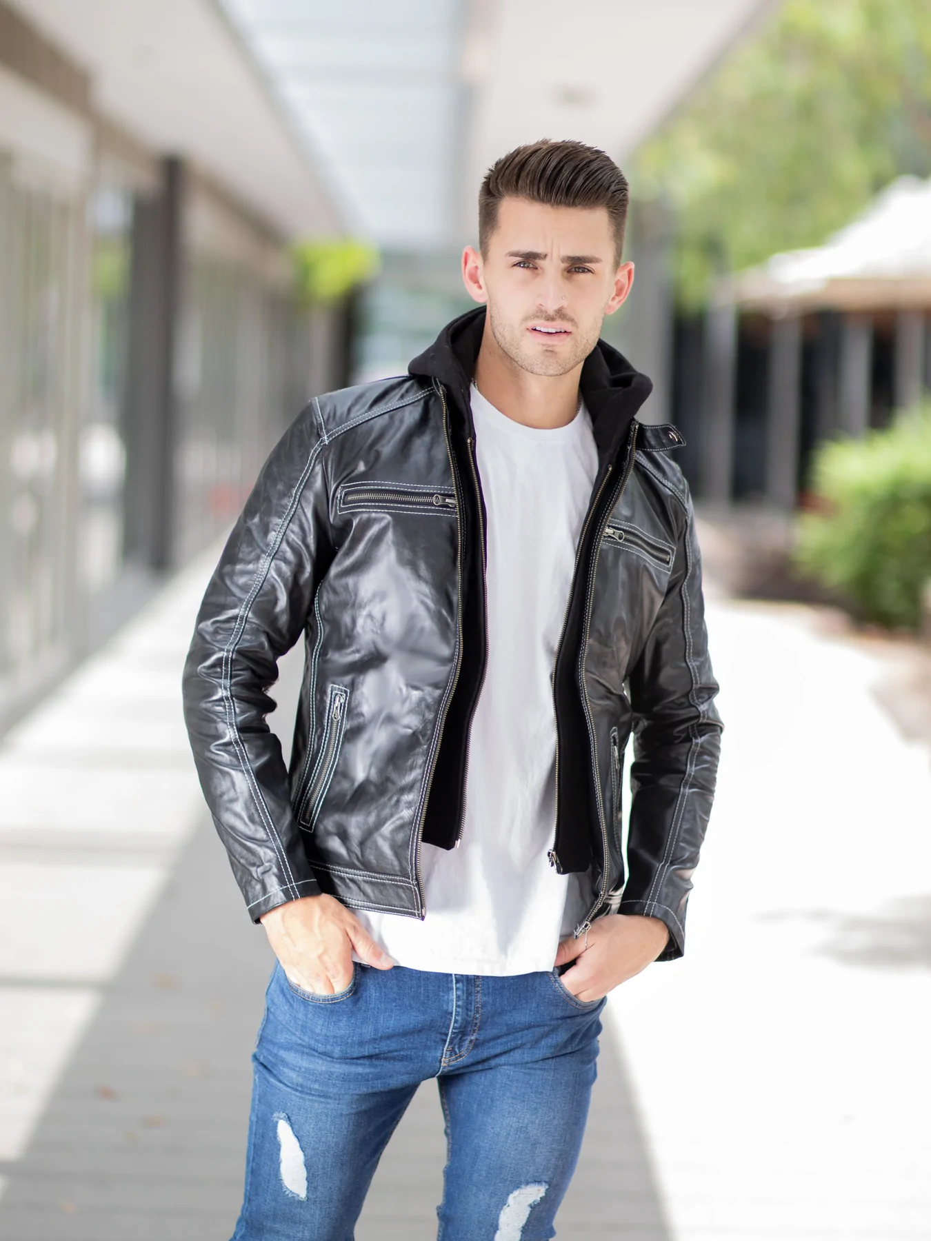 Decent Black Leather jacket with Hoodie