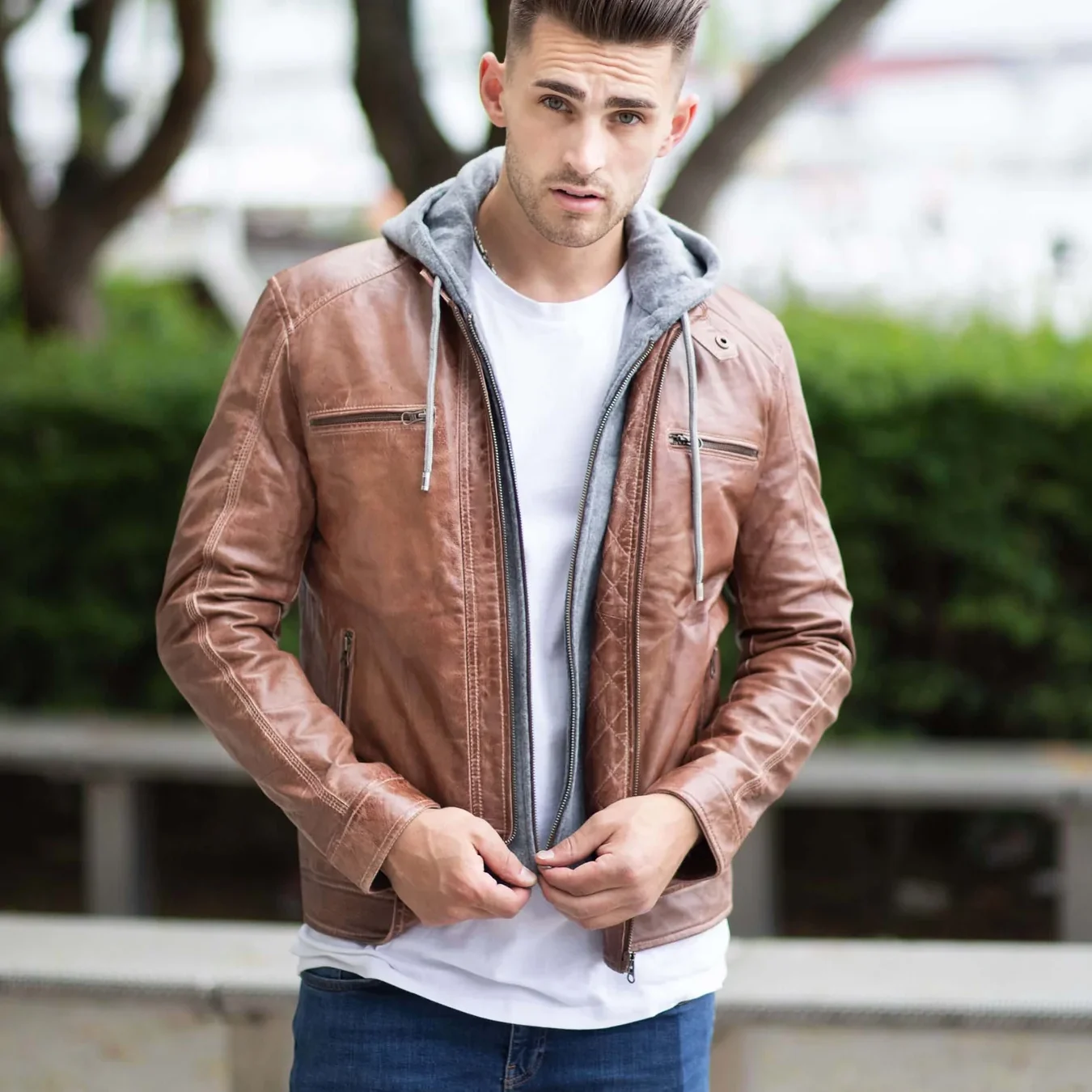 Men's Brown Leather Bomber Jacket With Hood – Maher Leathers