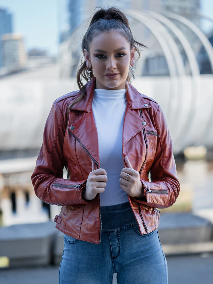 The stylish dark red wine leather jacket