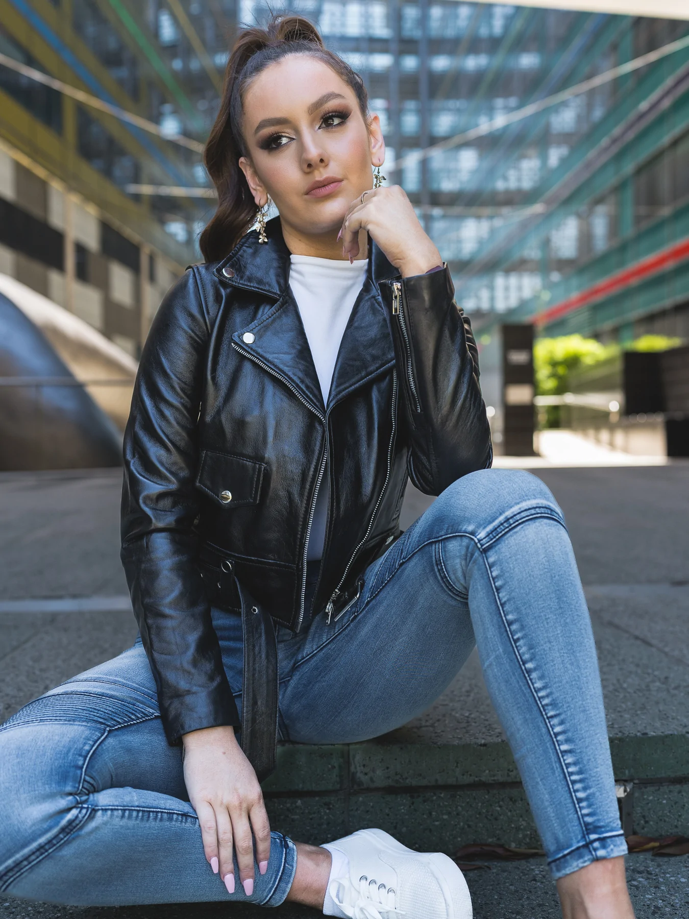 woman wearing Belted Cropped Leather Jacket