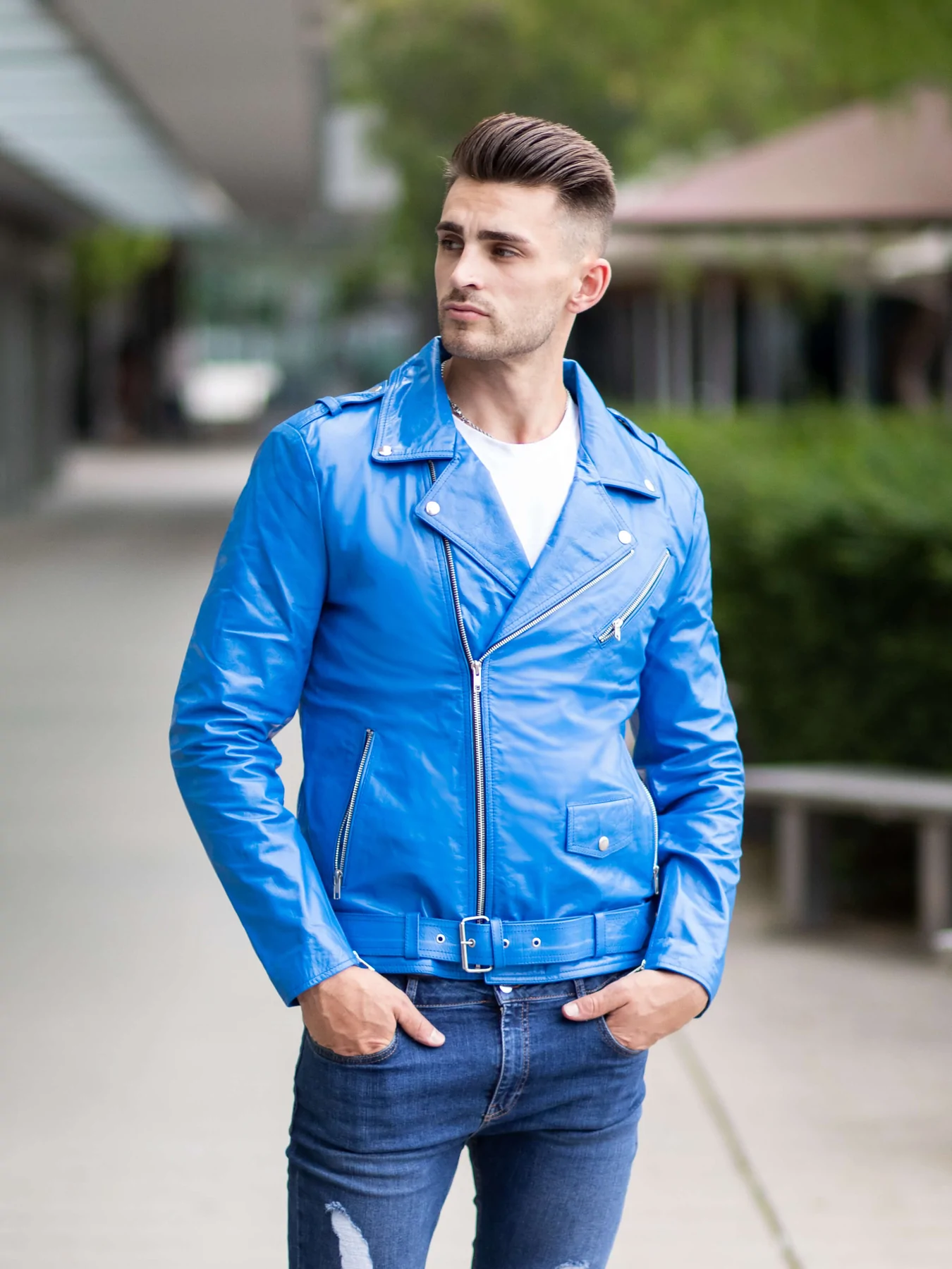 Belted Blue biker Leather Jacket For Men