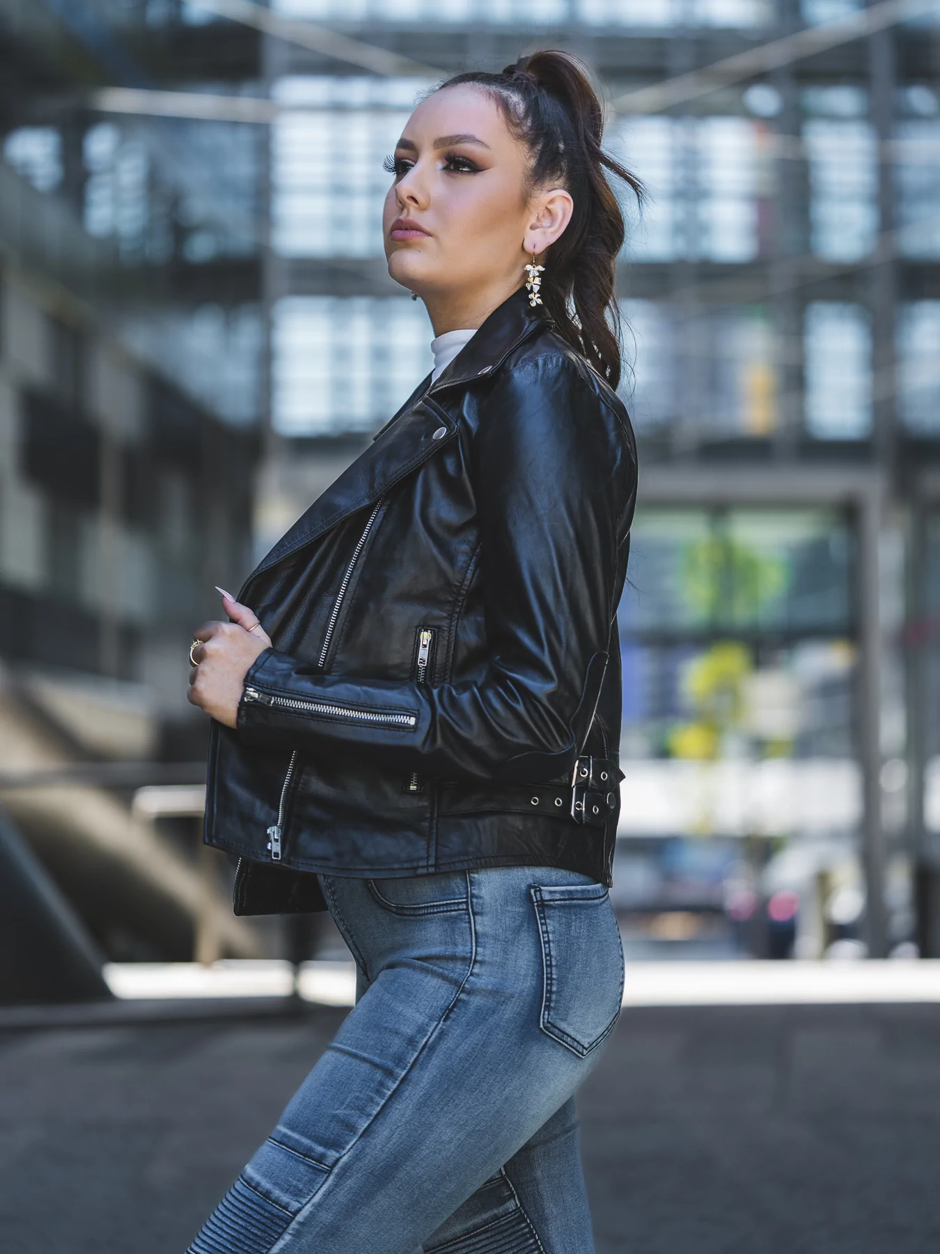 side look of womens leather motorcycle jacket