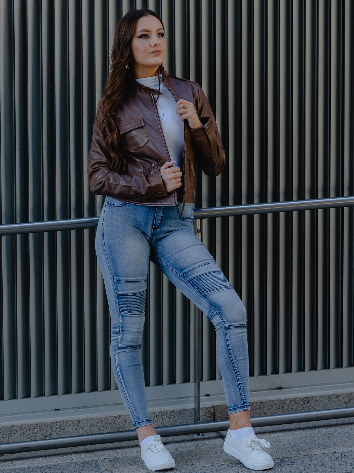 woman styling with Dark Brown Leather Jacket