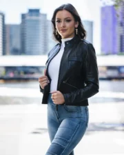 Fashion Black Leather Jacket Womens Outfit | Band Collar