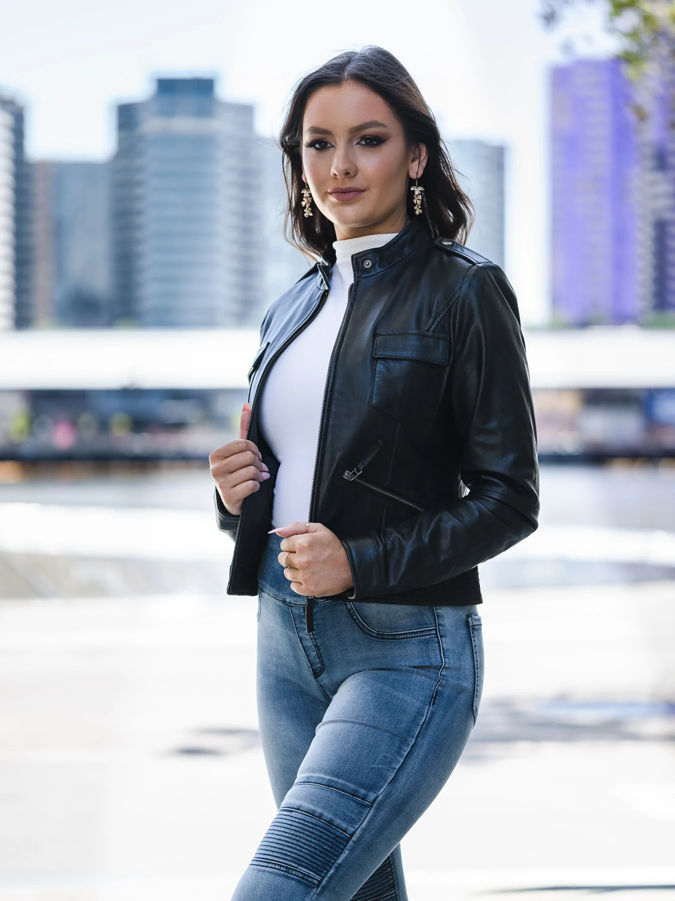 Woman wearing the Black Leather Jacket Womens Outfit