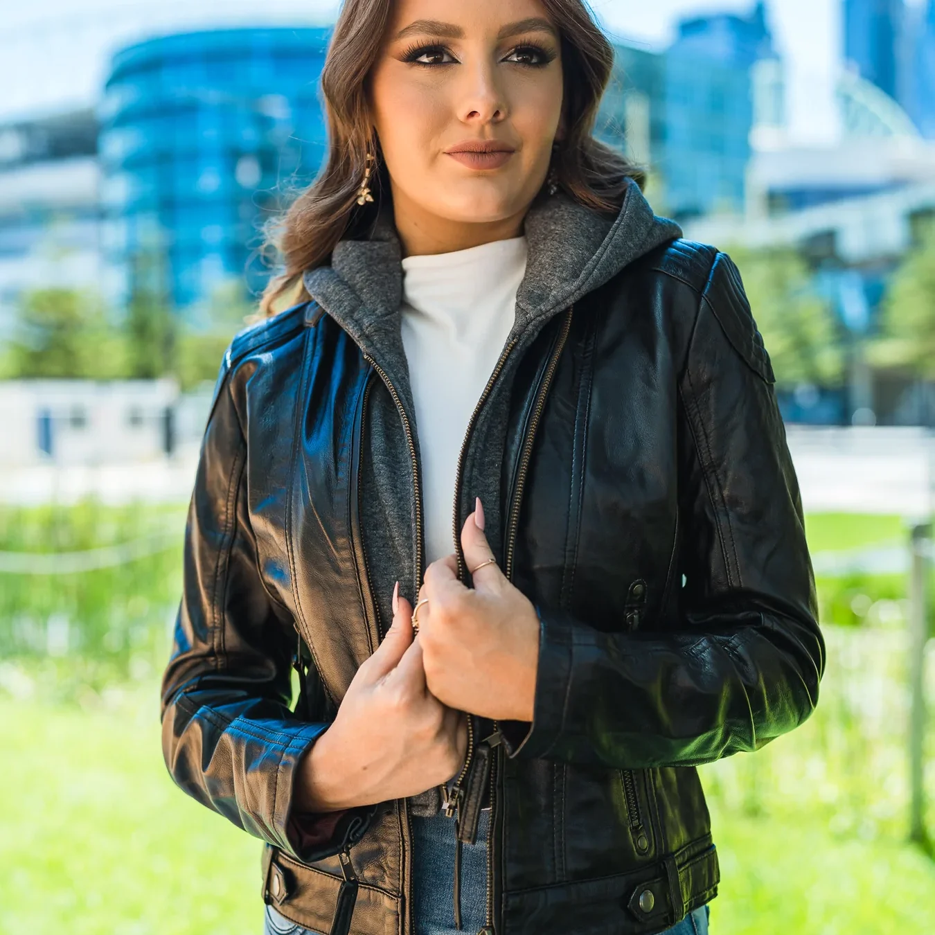 Hooded black leather jacket online