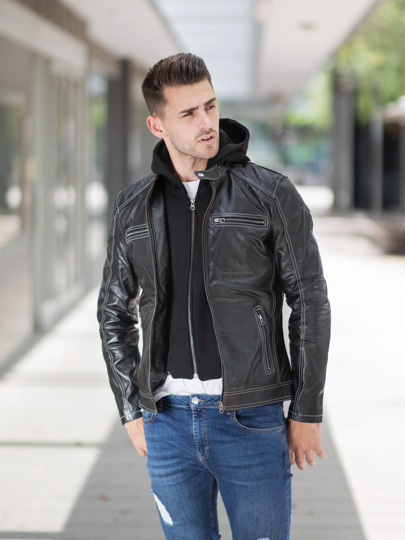 Decent Black Leather jacket with Hoodie