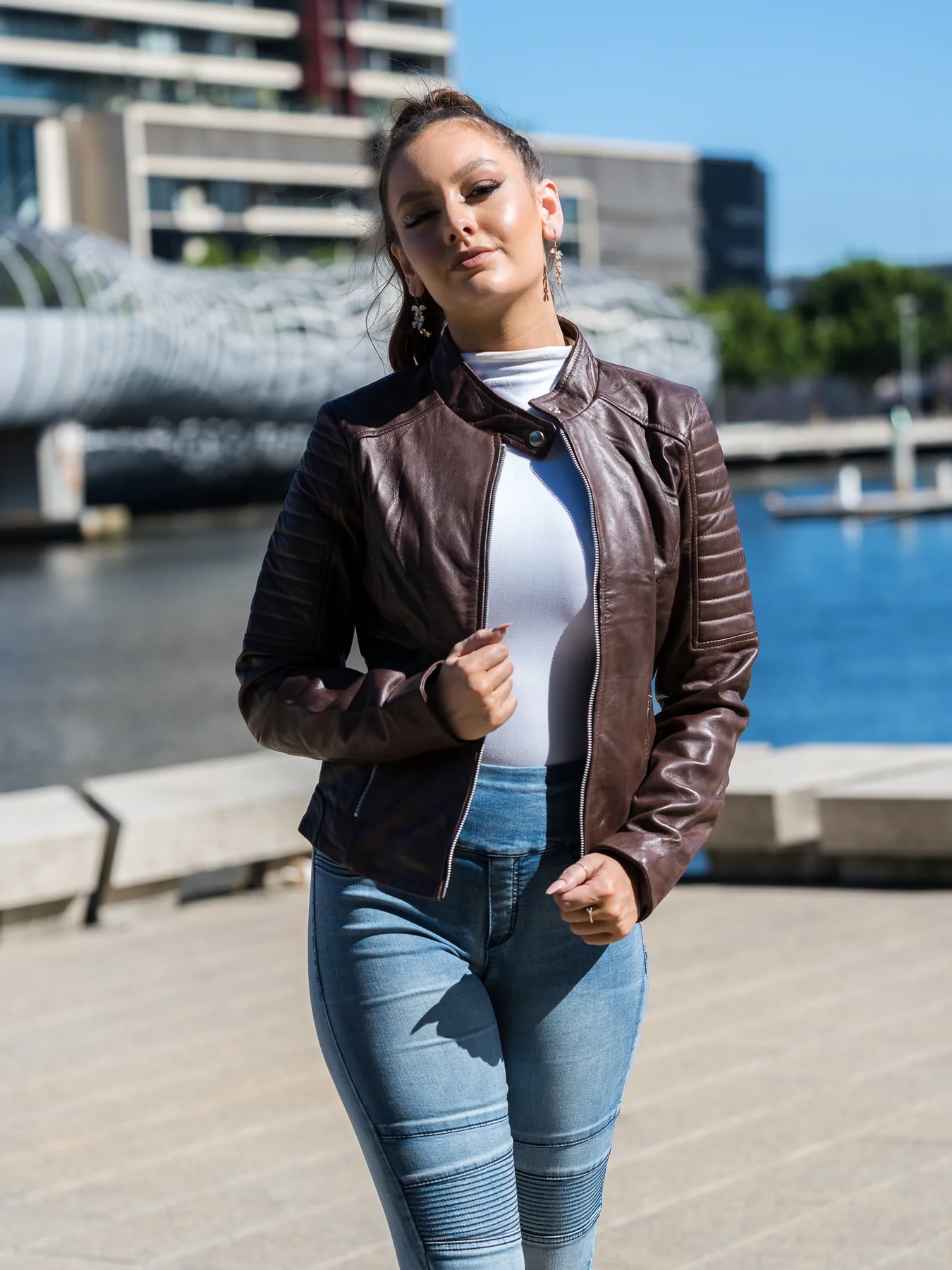 The tough looking of Chocolate Quilted Leather Jacket Womens