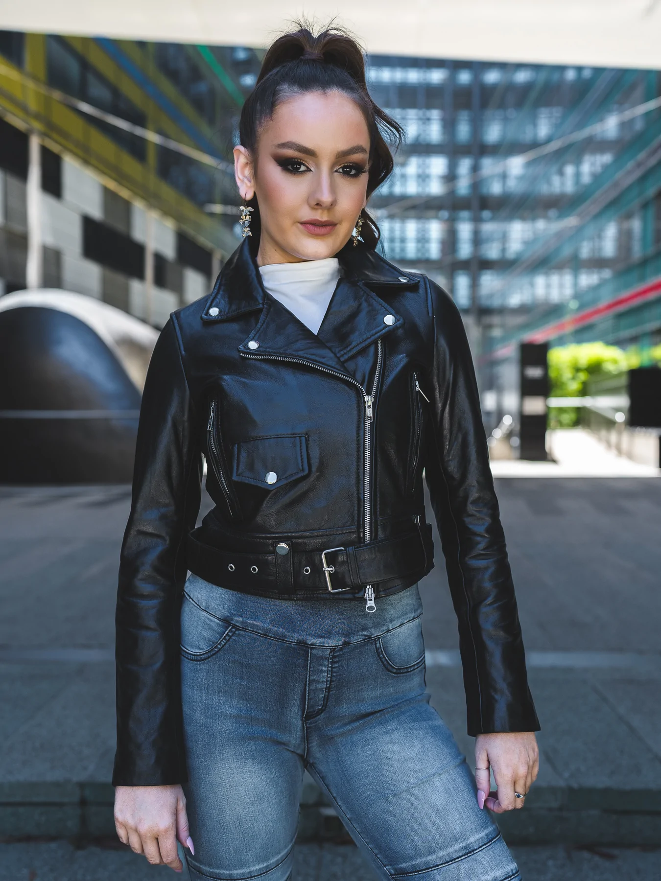 Zip up look of Belted Cropped Leather Jacket Womens