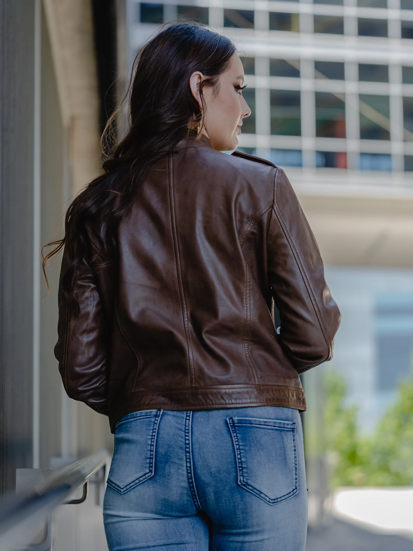 Back side of Dark Brown Leather Jacket Womens