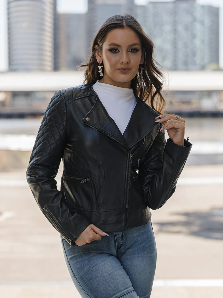 Zip up look of black Biker Leather Jacket