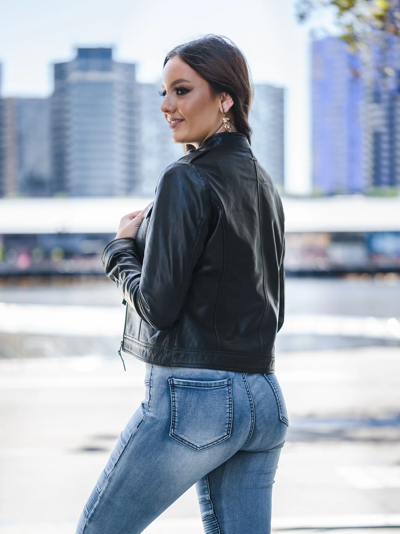 Side Look of Black Leather Jacket Womens Outfit