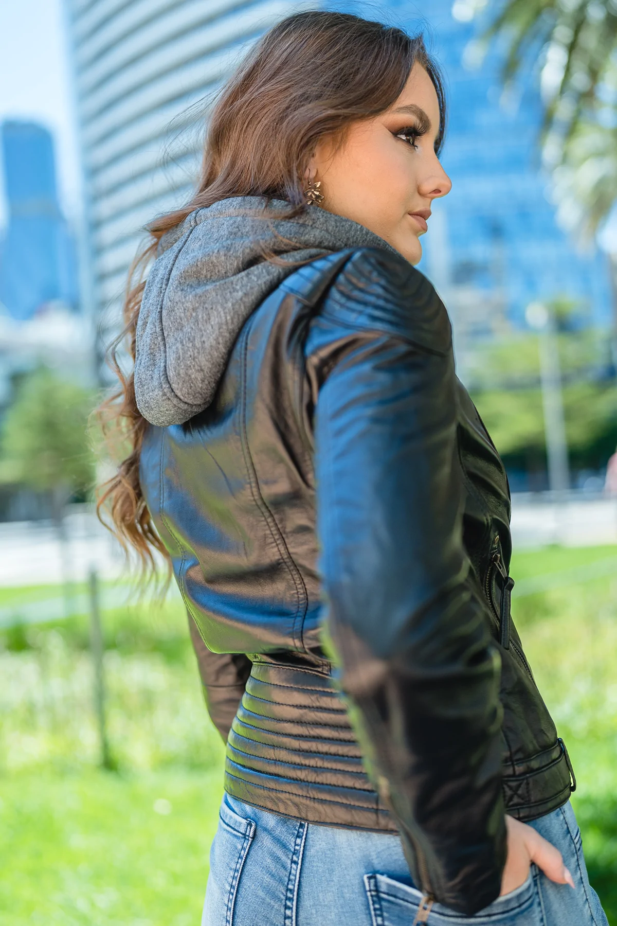 Right side back look of Black Hooded Leather Jacket Womens