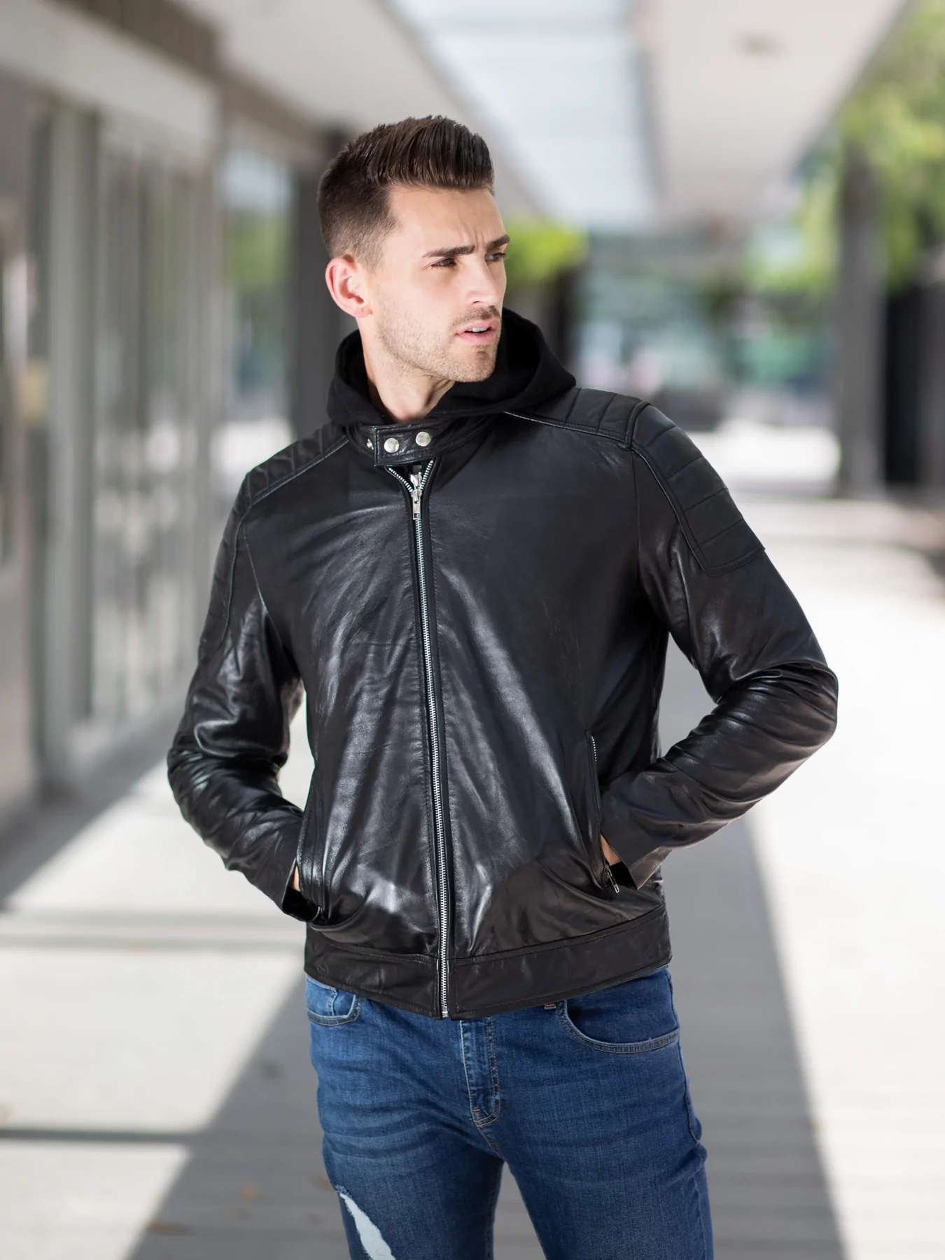Solid Black Mens Leather Jacket With Hood