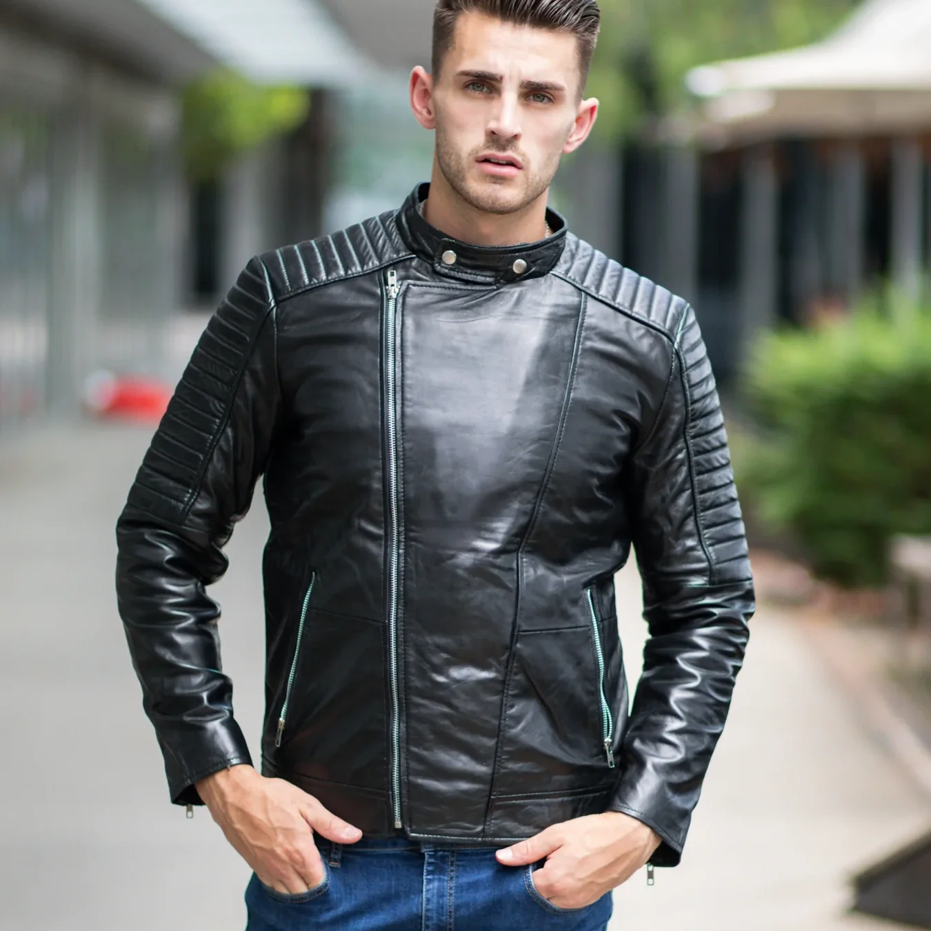 Men in Black Fashion Leather Jacket Quilted Shoulders