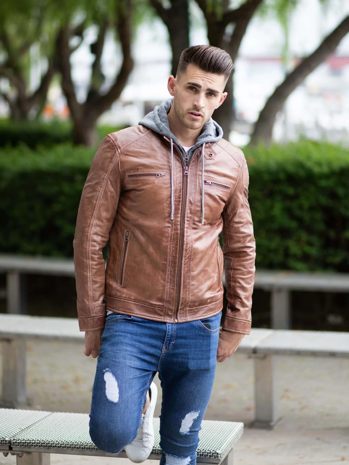 Men's Brown Leather Bomber Jacket With Hood