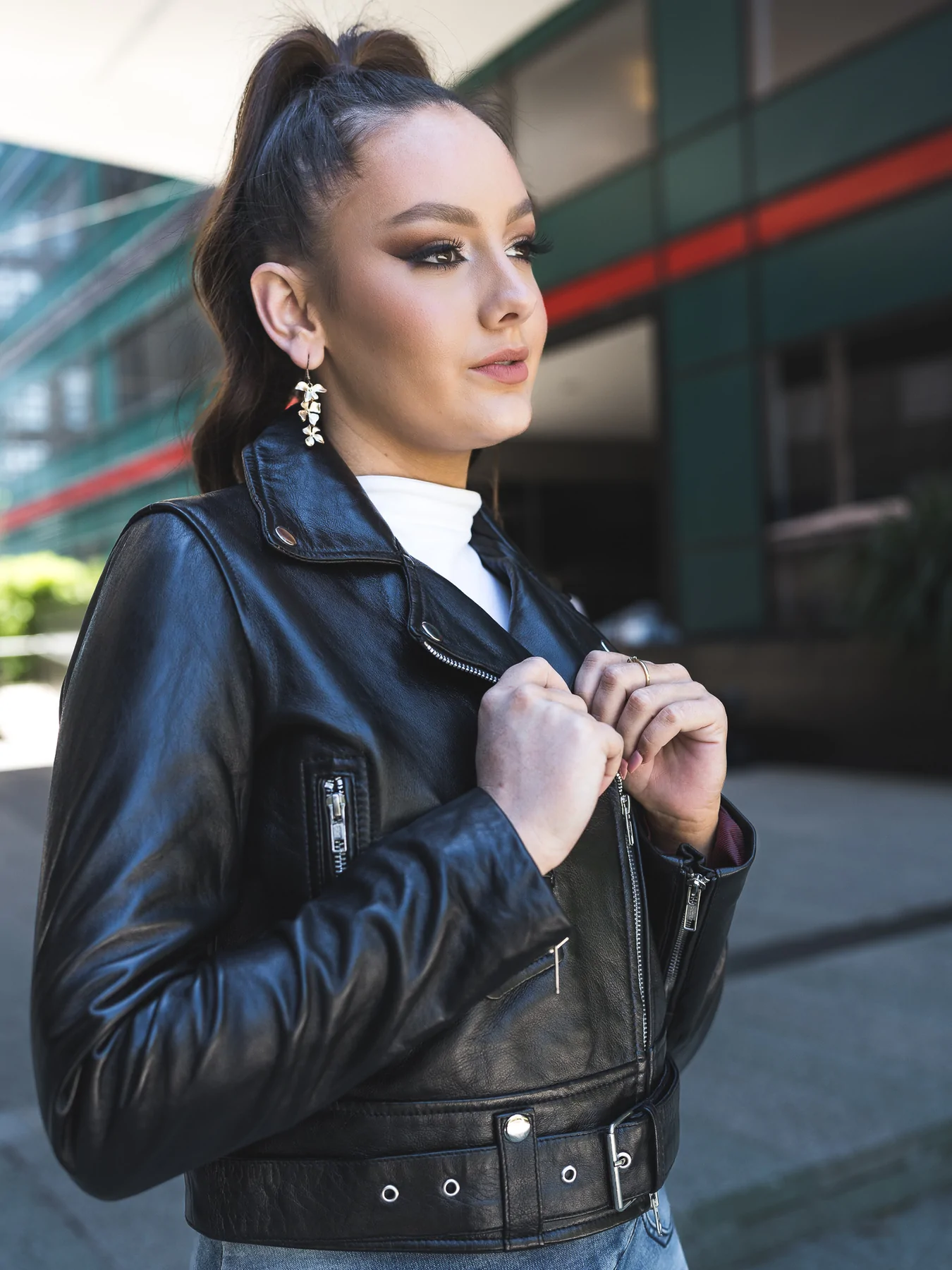 Close up look of Belted Cropped Leather Jacket