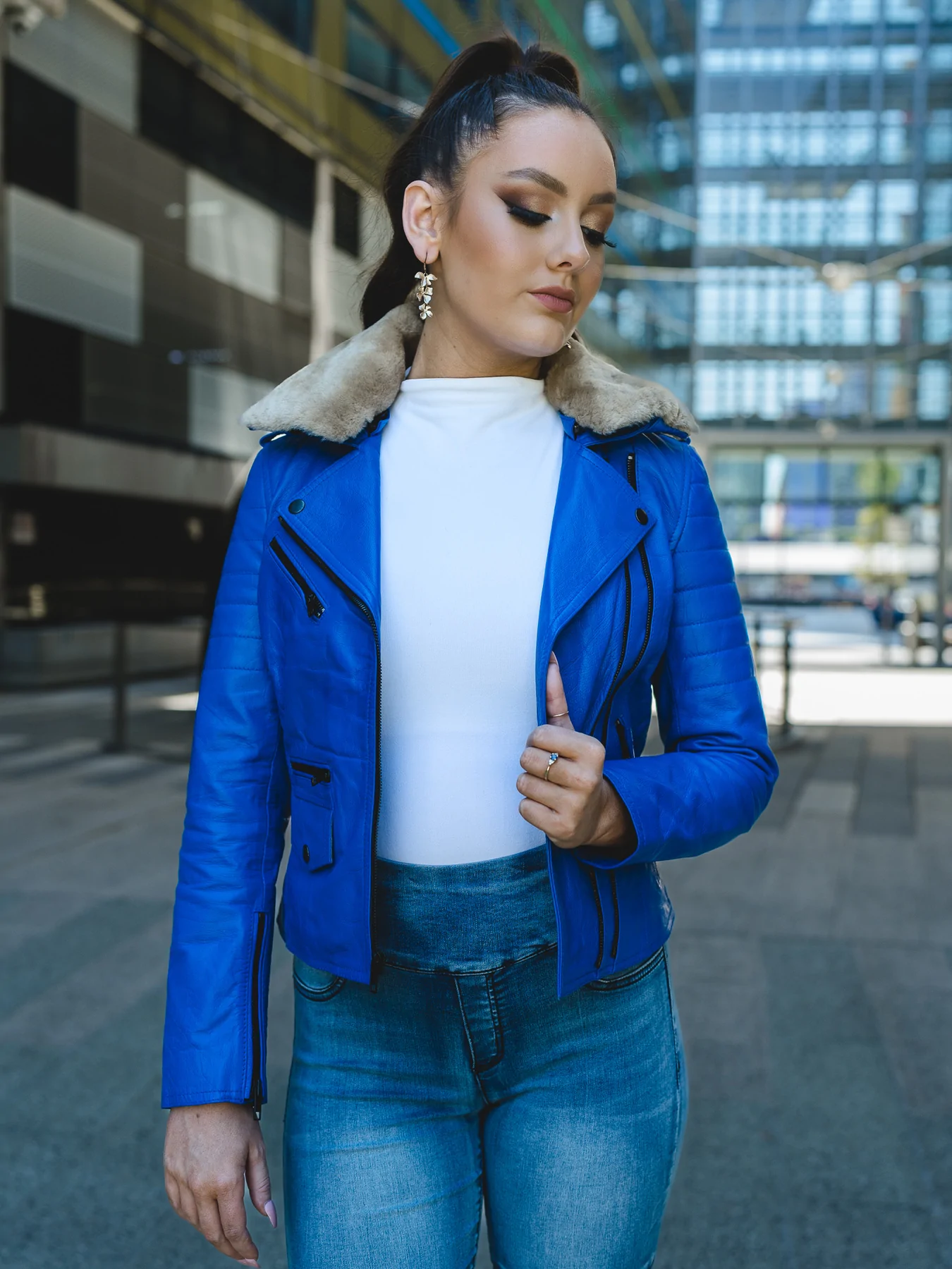 The luxurious look of Royal Blue Leather Jacket Womens With Fur Collar