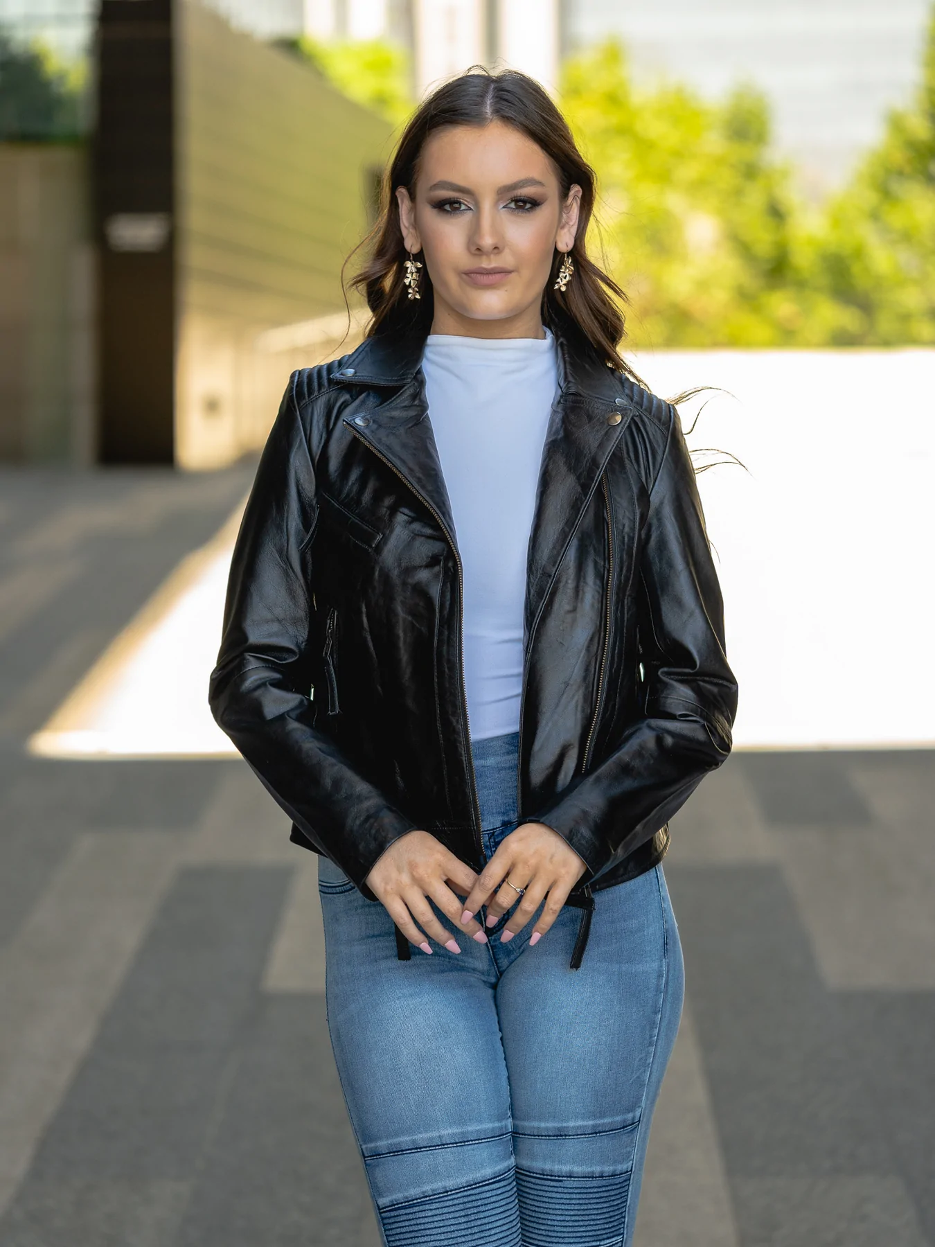 The iconic Black Topshop Leather Moto Jacket Outfit Women
