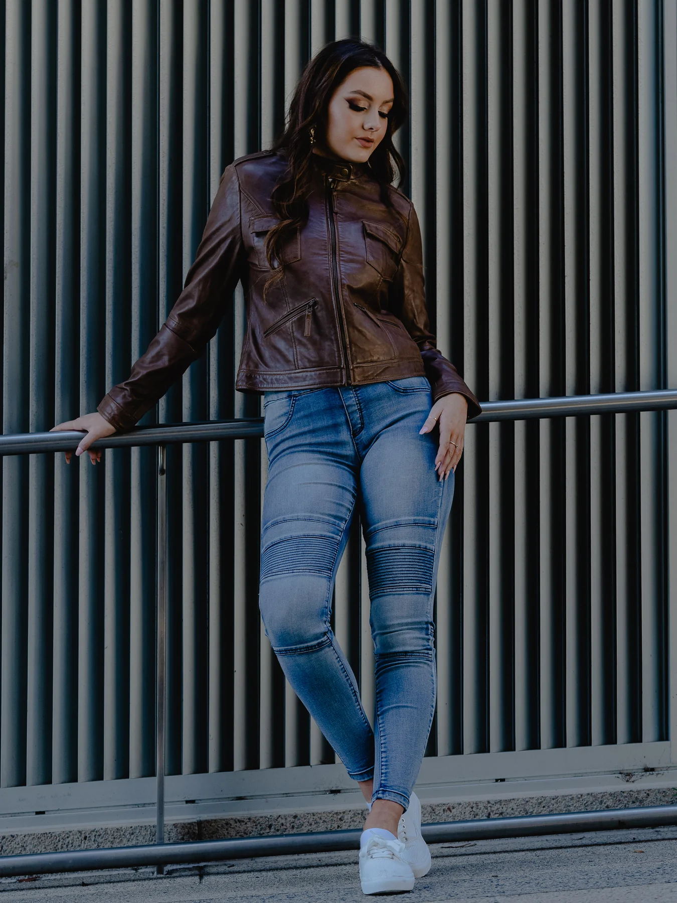Zip up look of Dark Brown Leather Jacket Womens