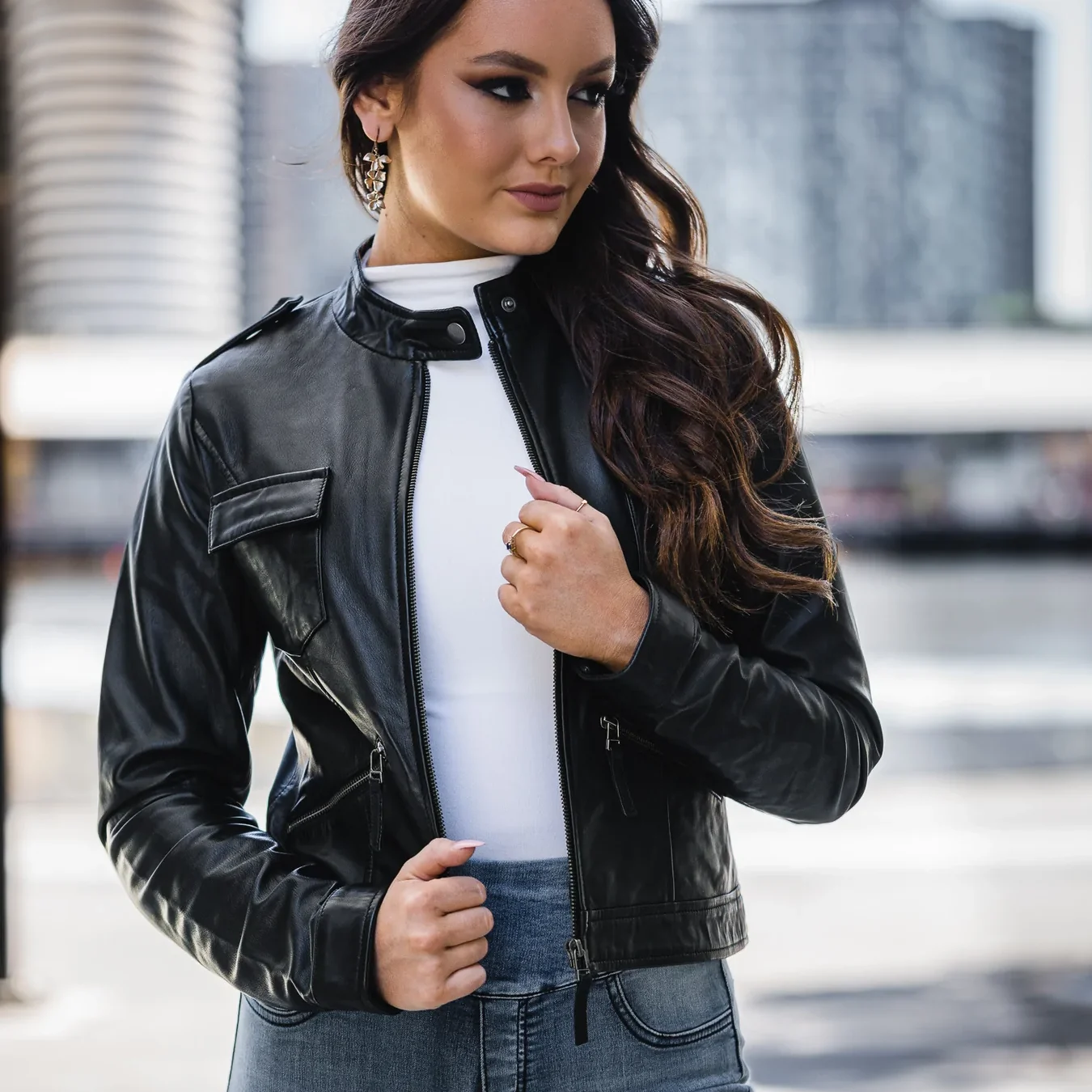 Fashion Black Leather Jacket Womens Outfit Band Collar