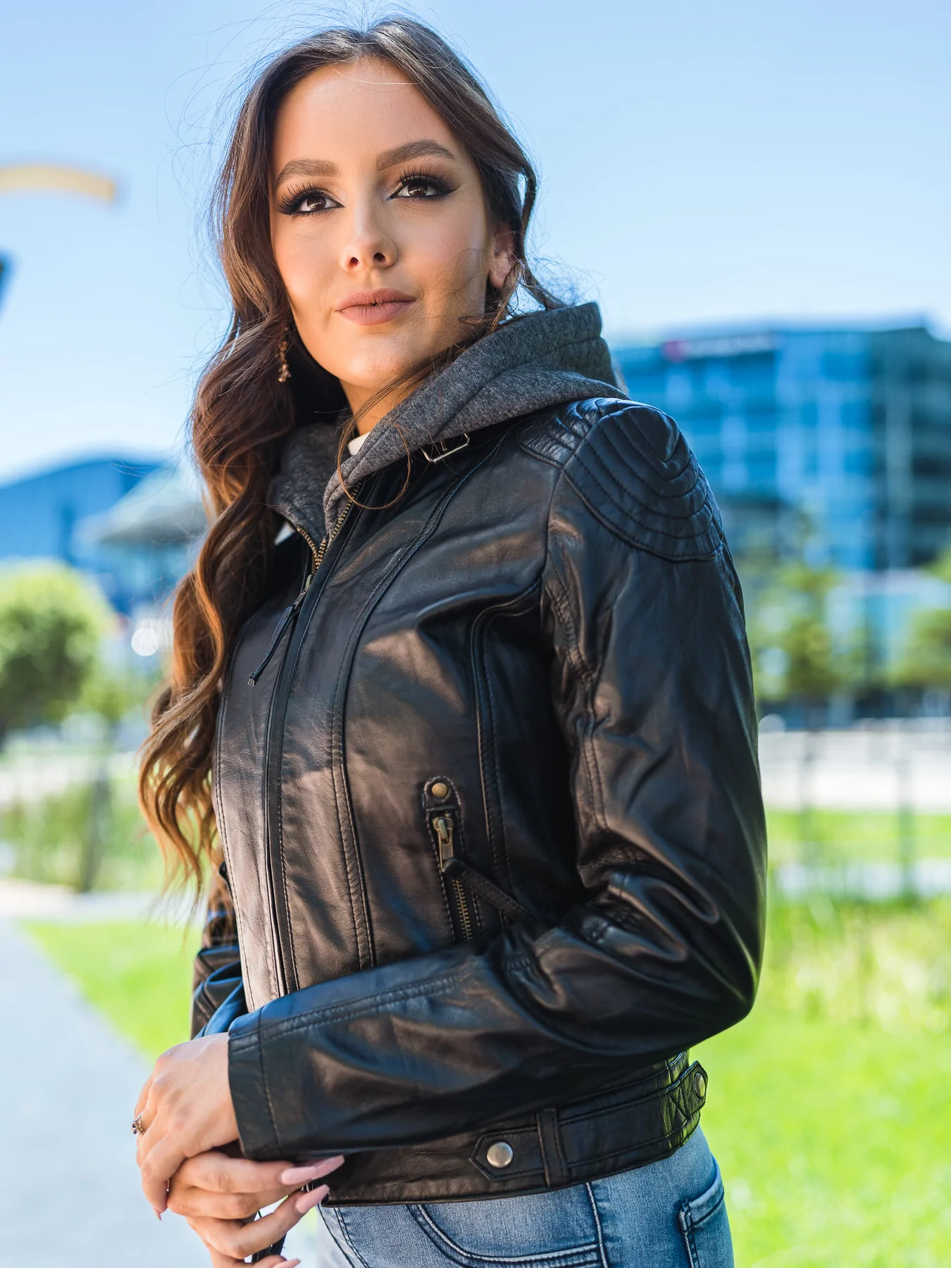 Left side zip up look of Black Hooded Leather Jacket Womens