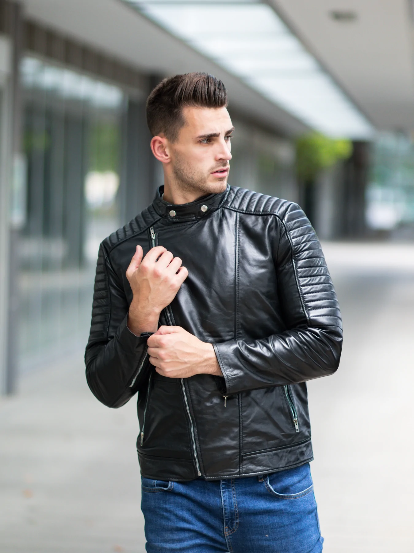 Men in Black Fashion Leather Jacket - Quilted Shoulders