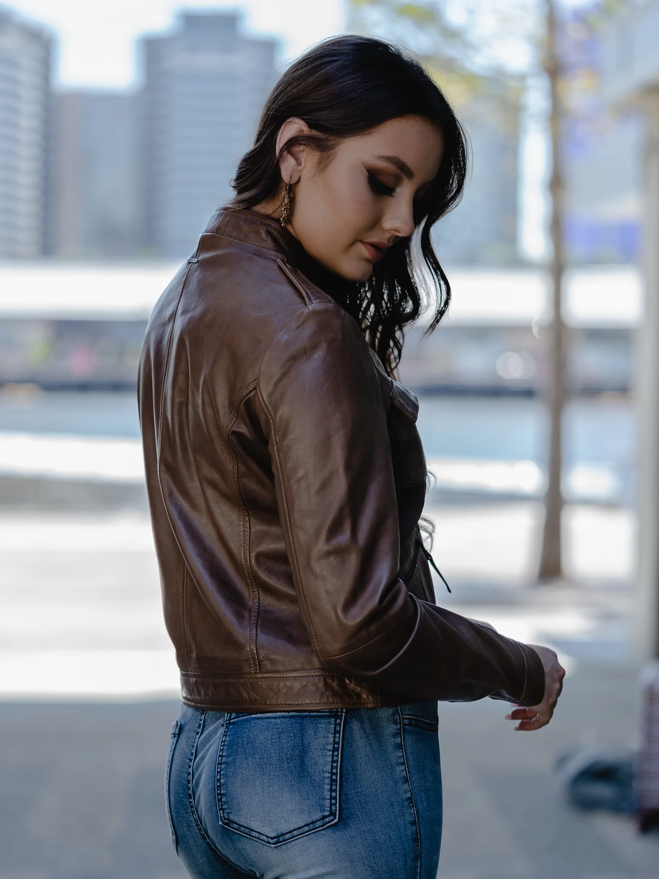 right side of Dark Brown Leather Jacket Womens