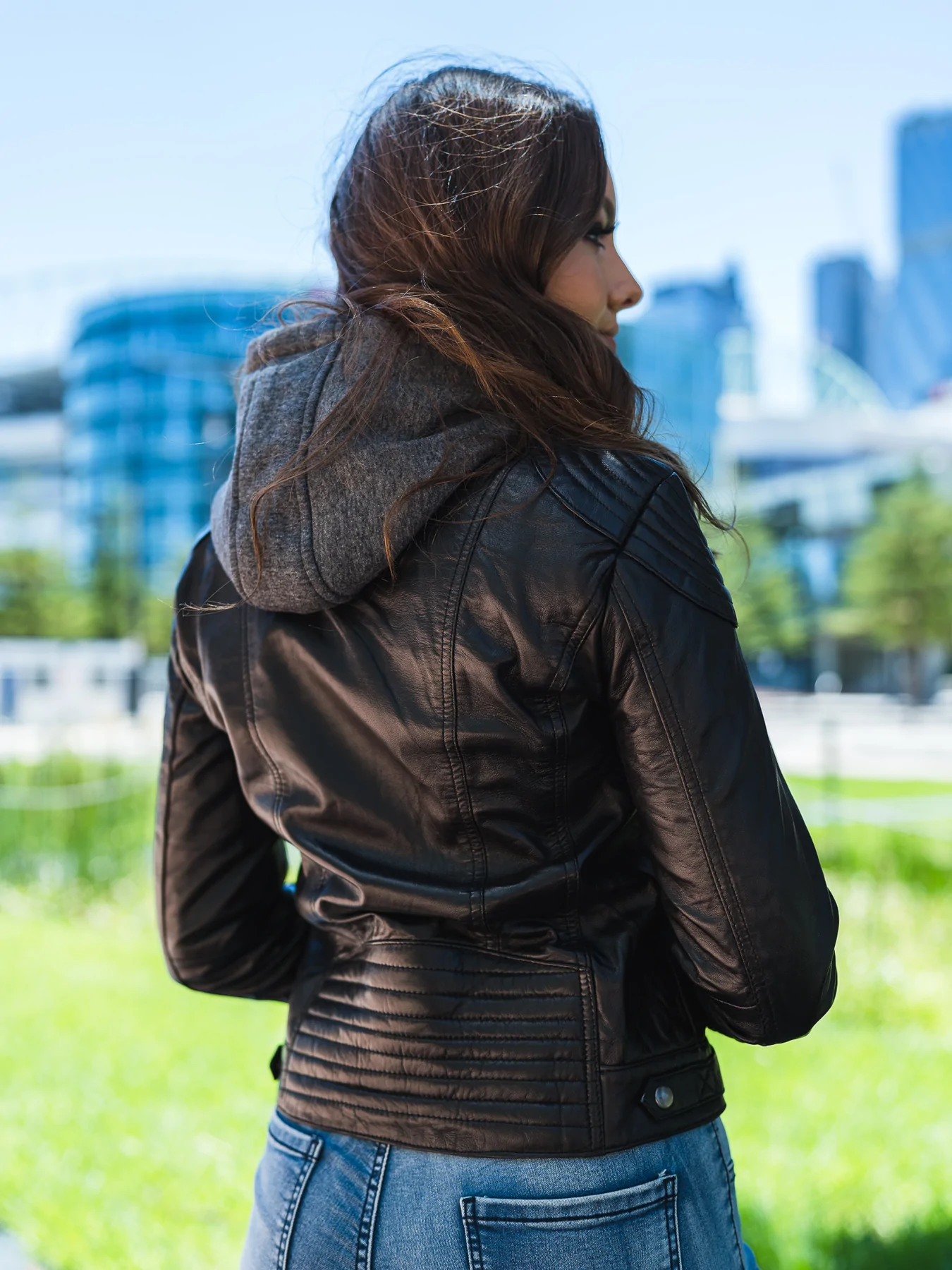 Full back side presence of Black Hooded Leather Jacket Womens