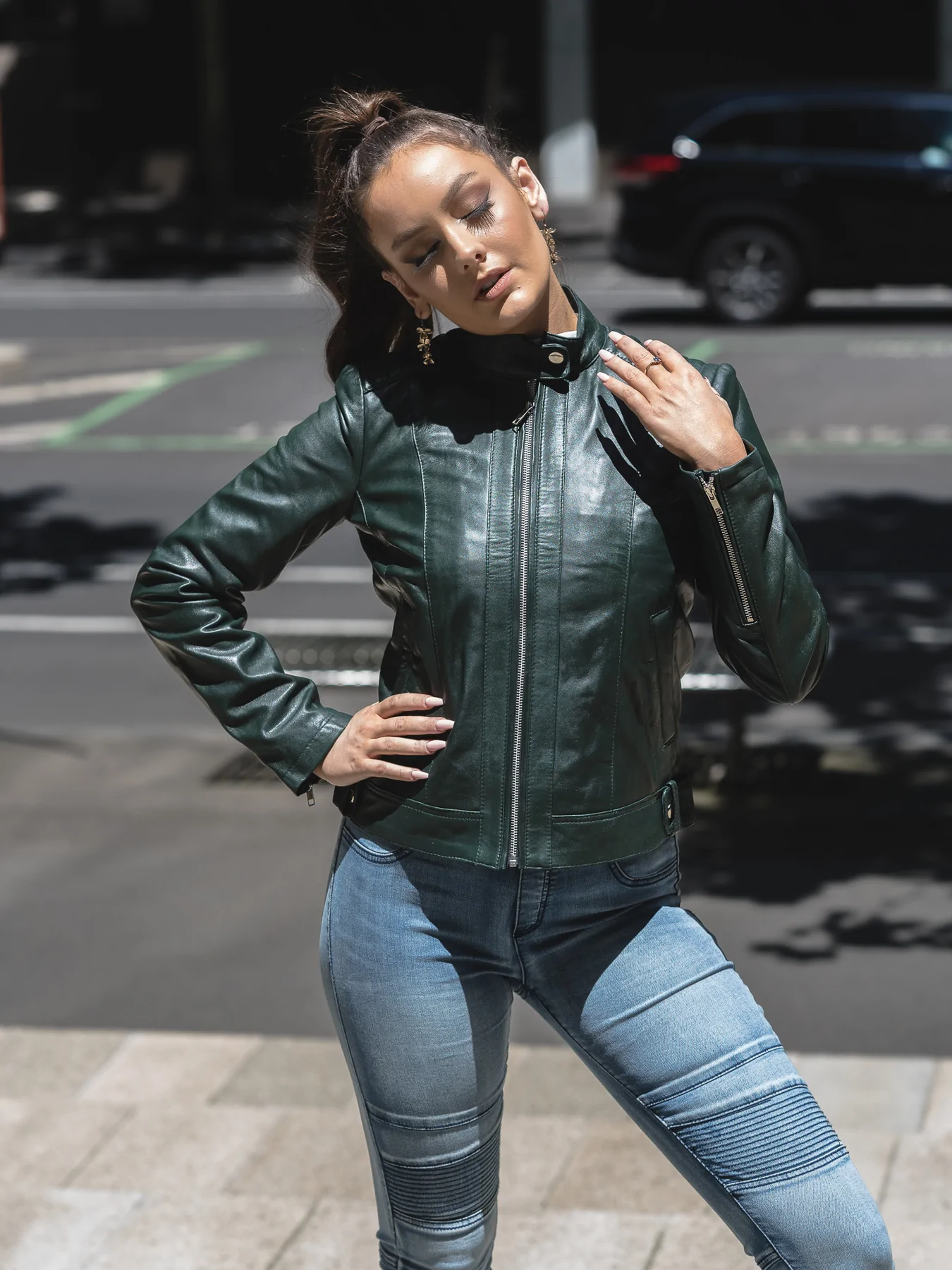 zip up look of dark green leather jacket womens