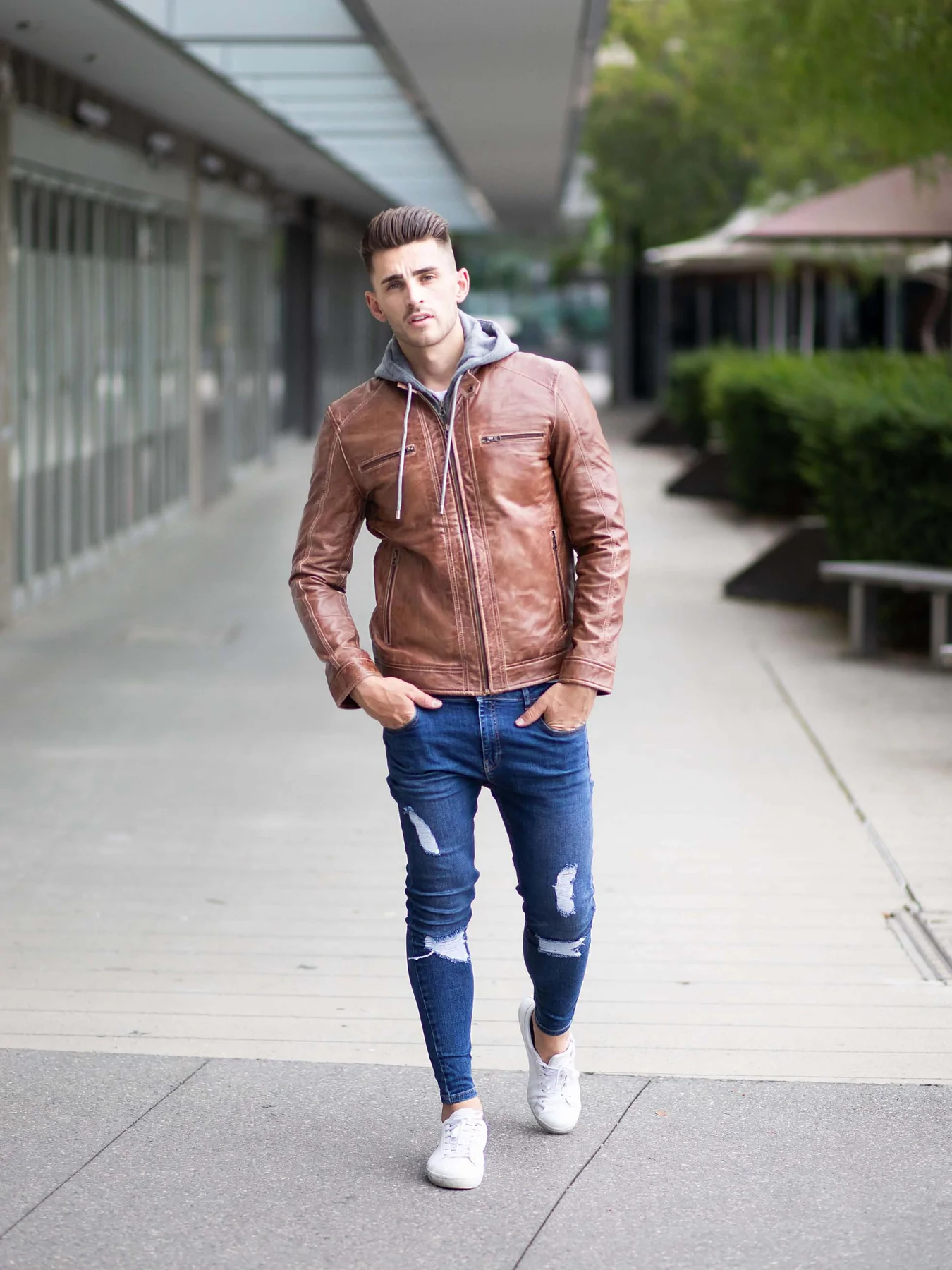 Men's Brown Leather Bomber Jacket With Hood