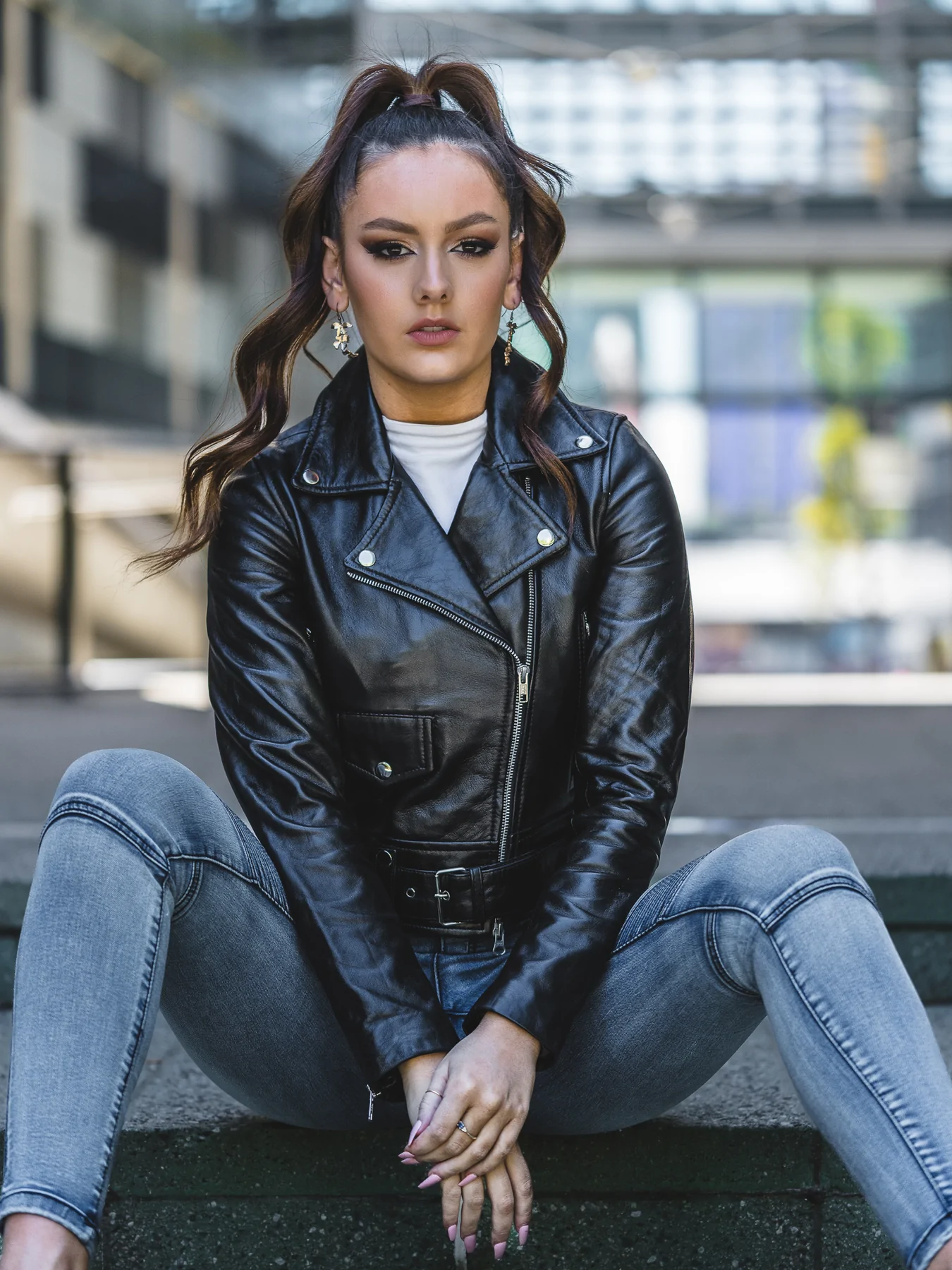Close zip up look of Belted Cropped Leather Jacket Womens