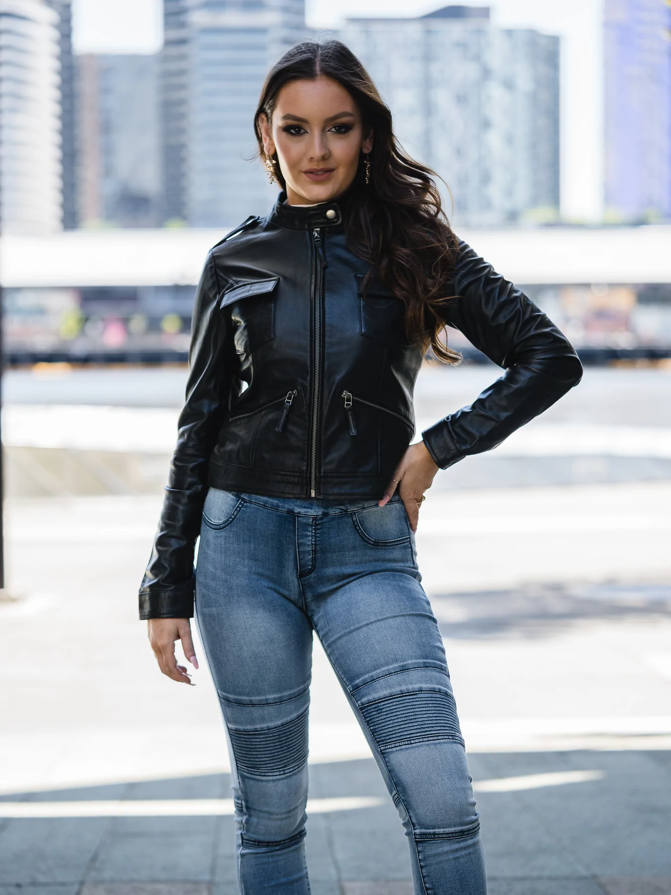 Front Close Zip Look of Black Leather Jacket Womens Outfit