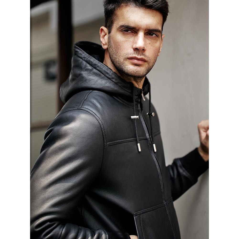 Merino Black Hooded Real Sheep Leather Jacket