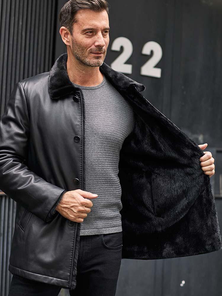 mens long black sheepskin shearling leather coat