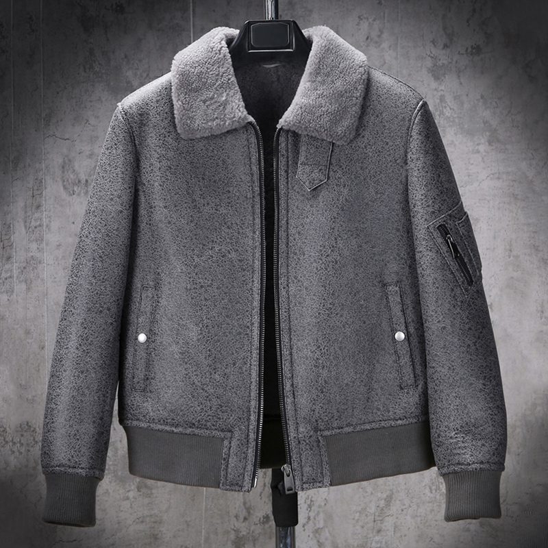 Grey Fur Wolf Collar Shearling Leather Coat