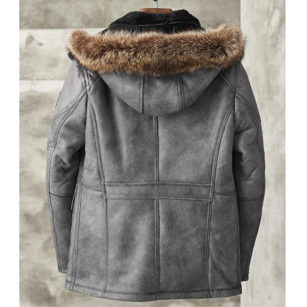 Mens Grey Sheepskin Coat | Detachable hooded Shearling Coats