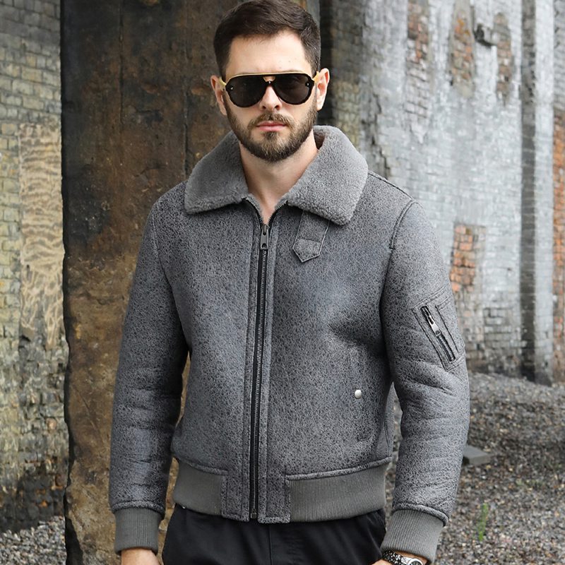 Grey Fur Wolf Collar Shearling Leather Coat