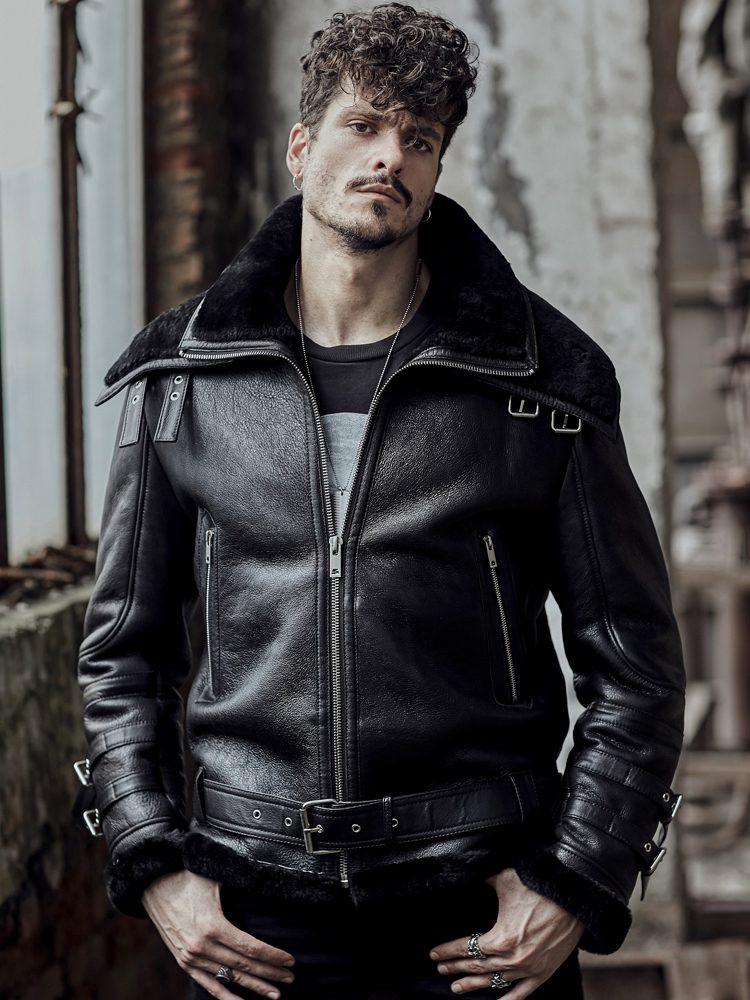 mens black leather shearling coat