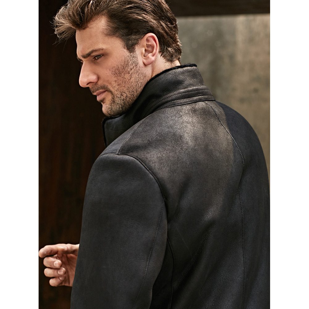 Men's Stand Collar Warm Black Shearling Leather Coat
