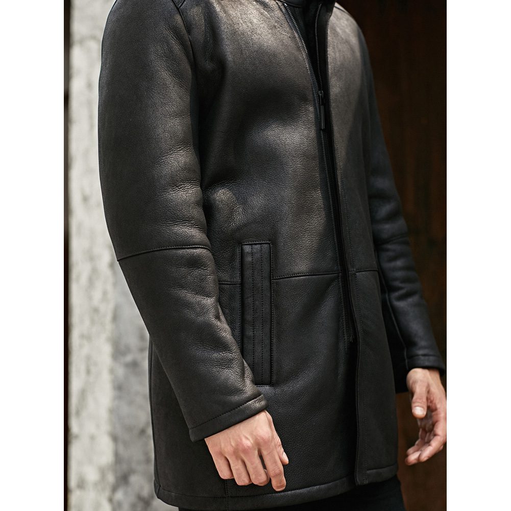 Men's Stand Collar Warm Black Shearling Leather Coat