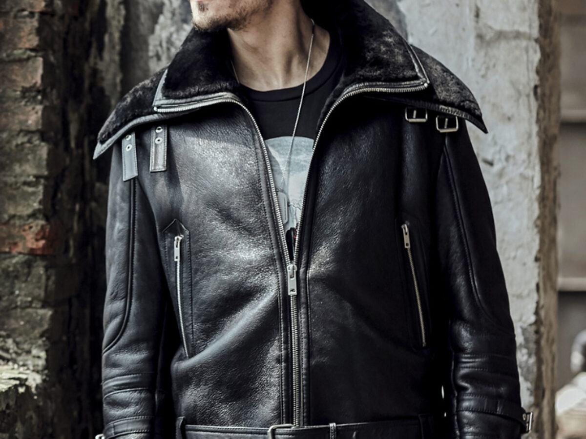 Men's Fur Collar B3 Black Leather Shearling Coat- Maher Leathers