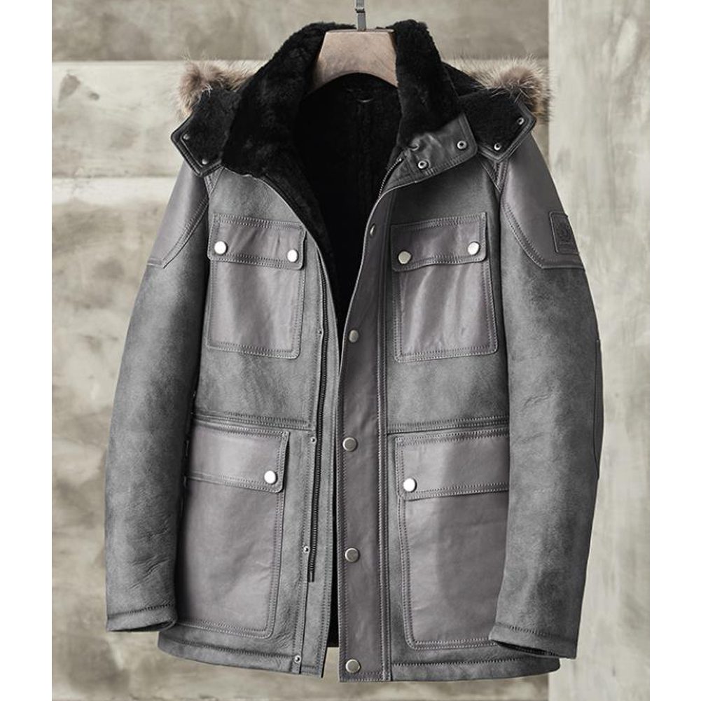 Mens Grey Sheepskin Coat | Detachable hooded Shearling Coats