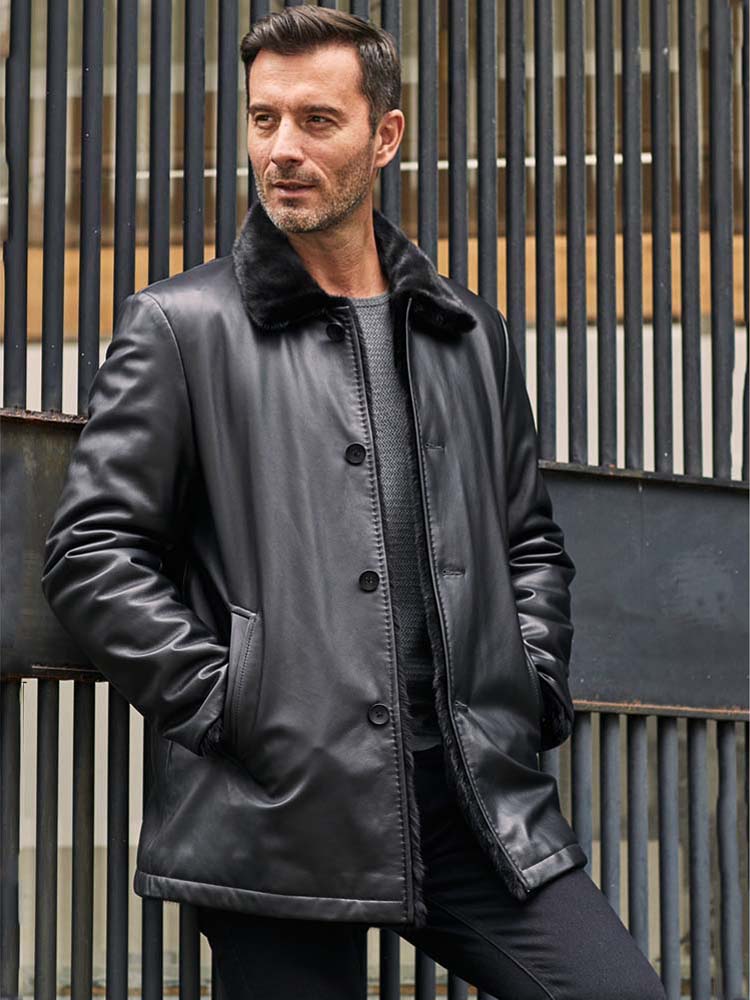 mens long black sheepskin shearling leather coat