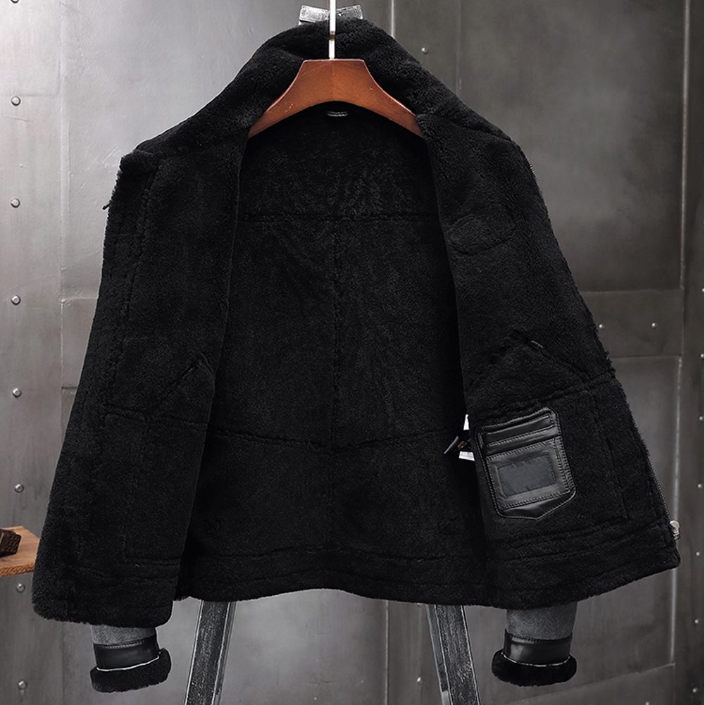 Stylish Grey Sheepskin Bomber Jacket With Black Fur