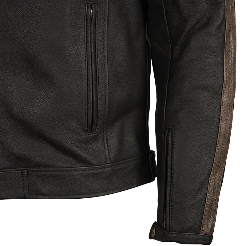 black d63 leather biker jacket with brown strip