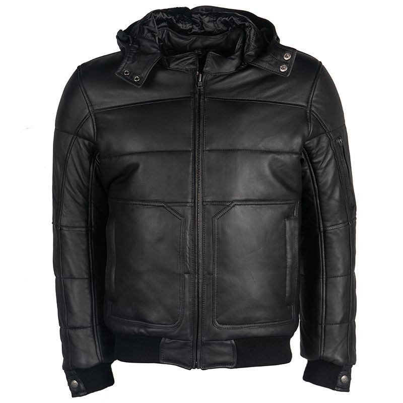 black biker jacket with hood in a puffer style